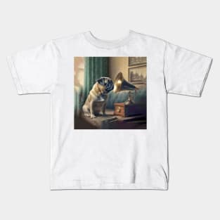 Pug Dog Listens To Grammaphone Music Kids T-Shirt